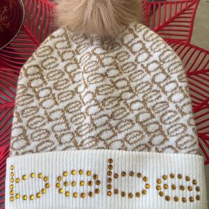 Bebe Hat Ivory and Gold Knit Beanie with Pom